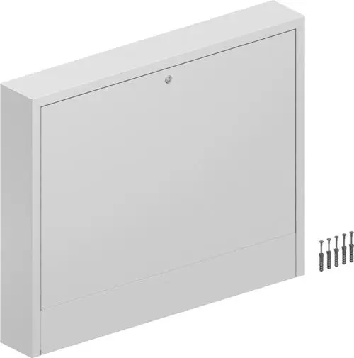 Weißer Verteilerschrank von Uponor mit abschließbarem Türmechanismus. Inklusive Schrauben für die Wandmontage.
